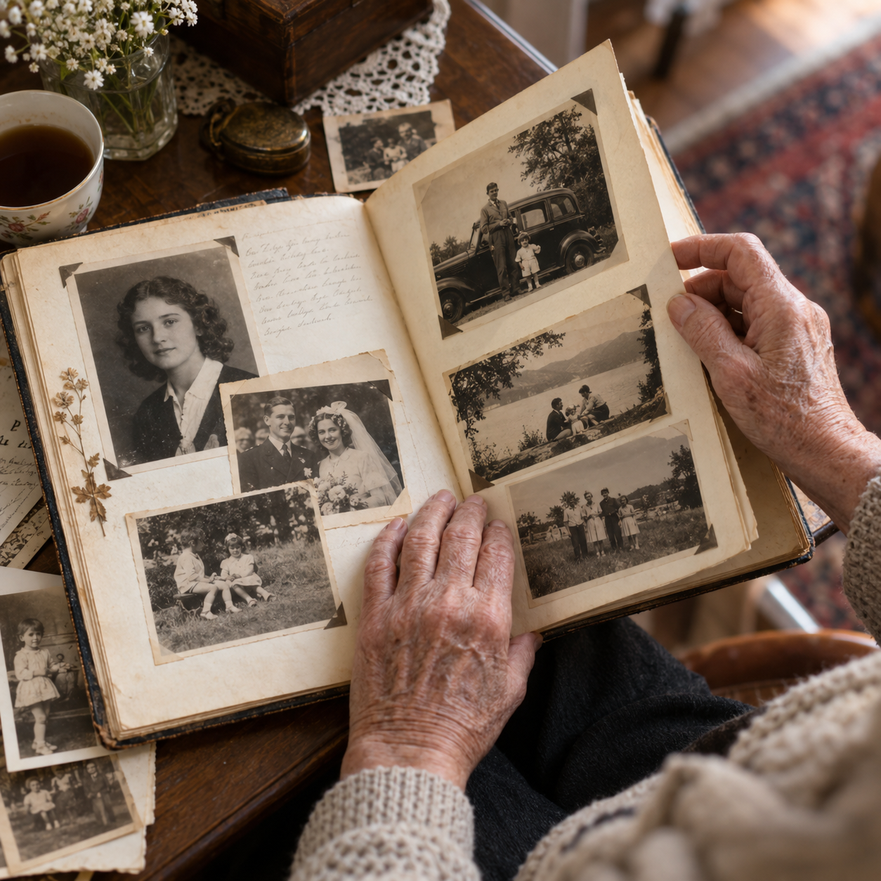 Hands turning the pages of an old family photo album
