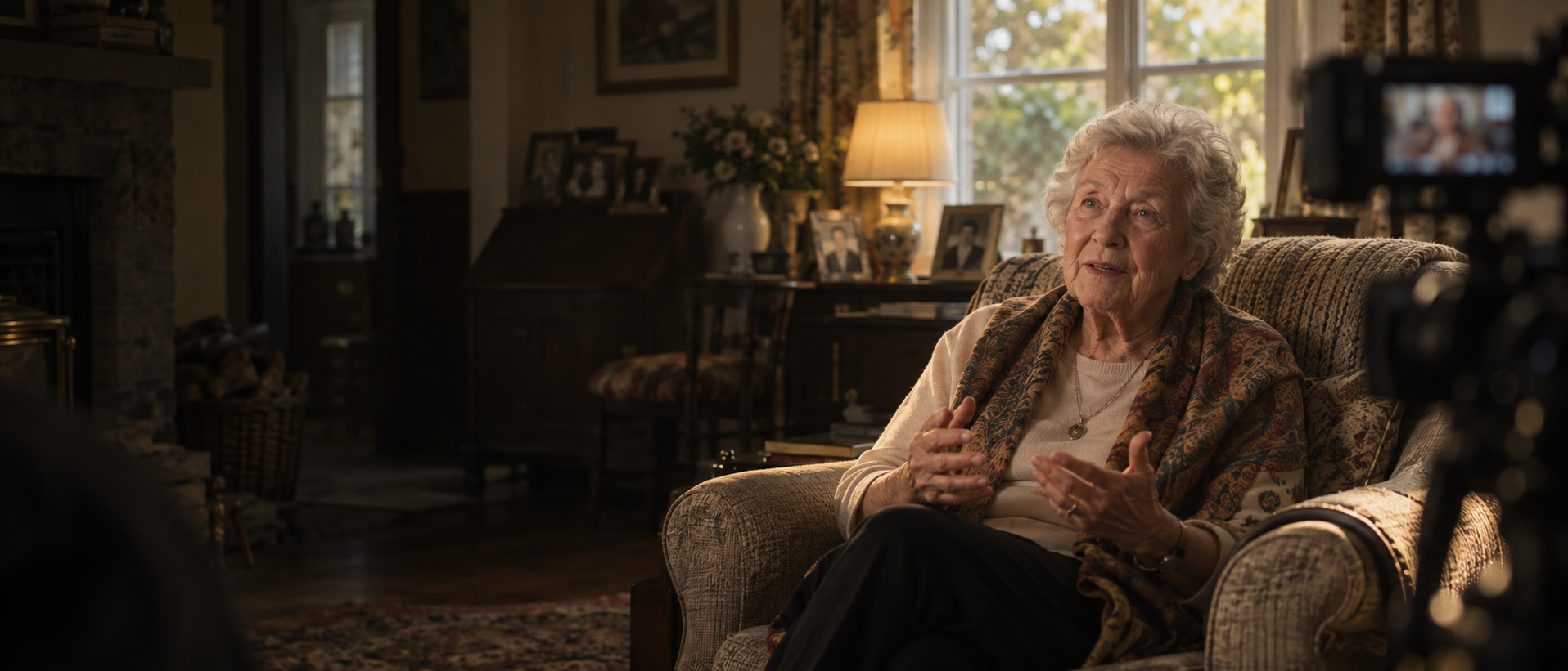 A documentary interview being filmed in a family home