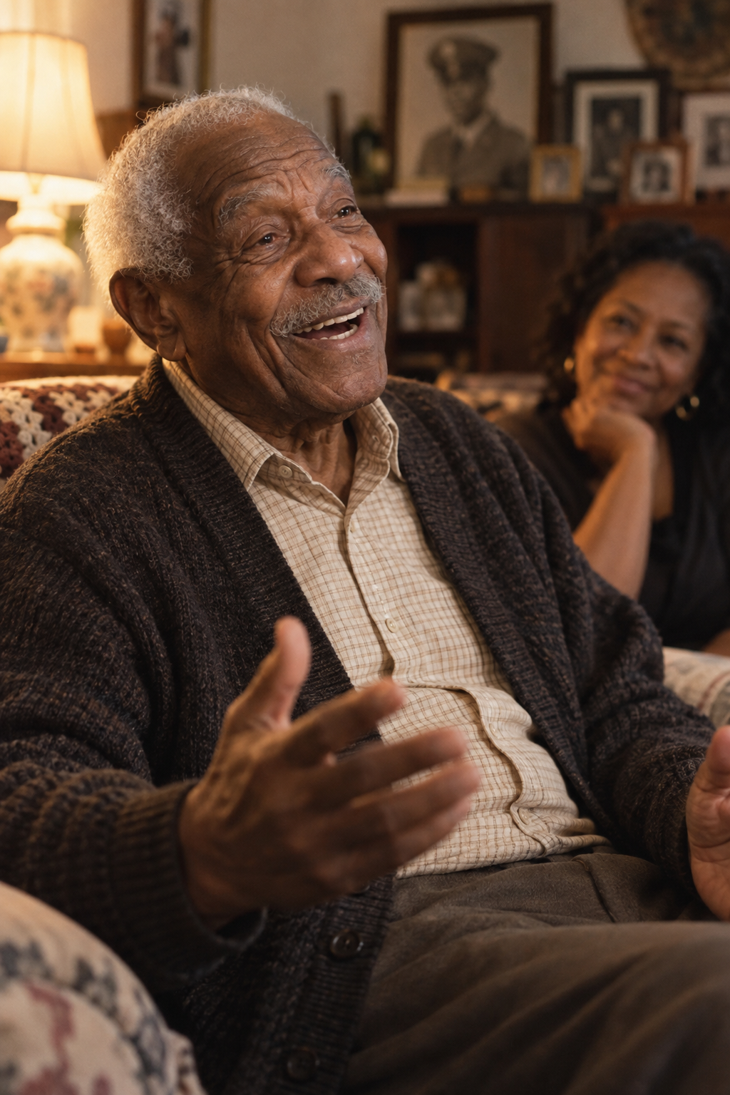 An older man laughing as he shares a story at home